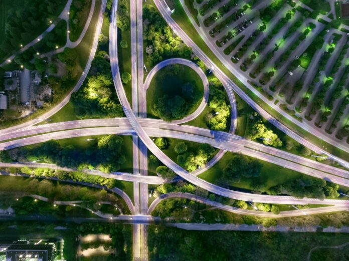 City of the future at night. Top view, view from above, aerial view