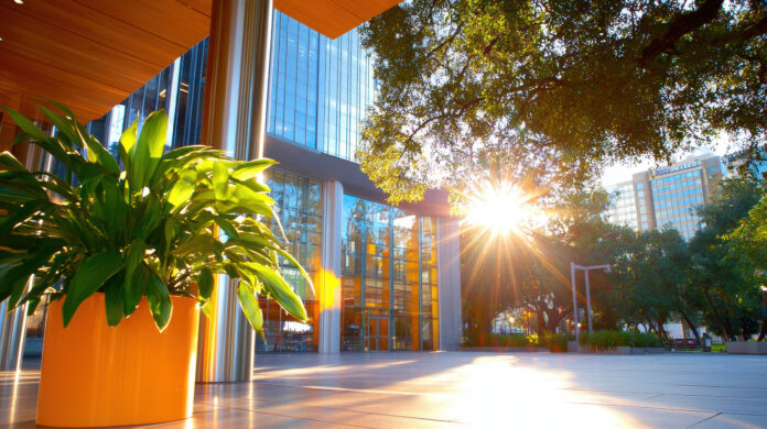 Bright sunlight shines through modern city plaza with lush greenery